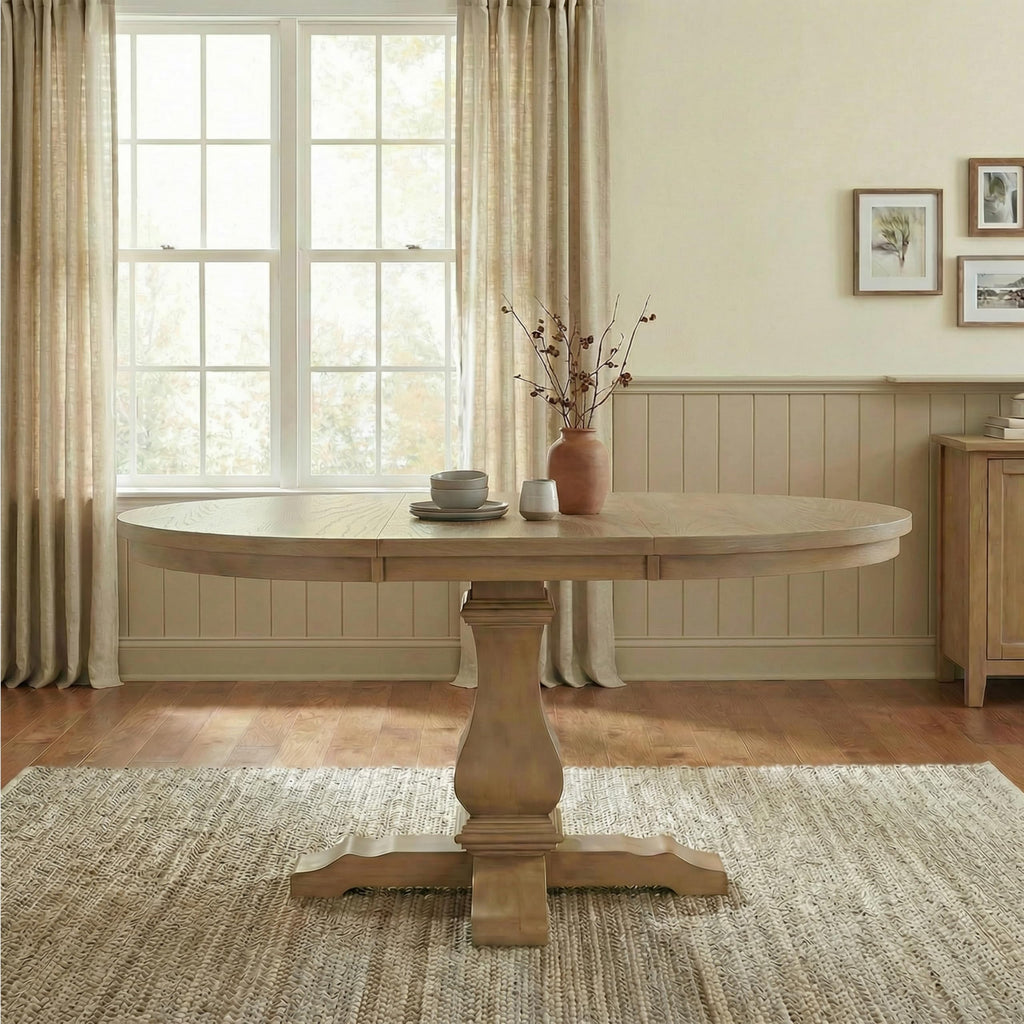 Merax Rustic Expandable Pedestal Dining Table, 39" Round to 57" with Extension Leaf, Rubberwood Base, Farmhouse Kitchen Table for 4-6, Walnut
