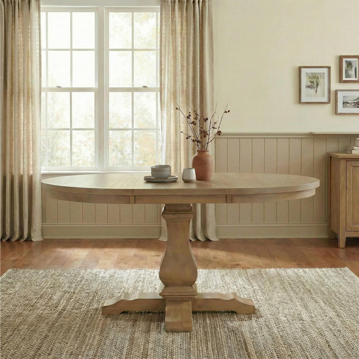 Merax Rustic Expandable Pedestal Dining Table, 39" Round to 57" with Extension Leaf, Rubberwood Base, Farmhouse Kitchen Table for 4-6, Walnut