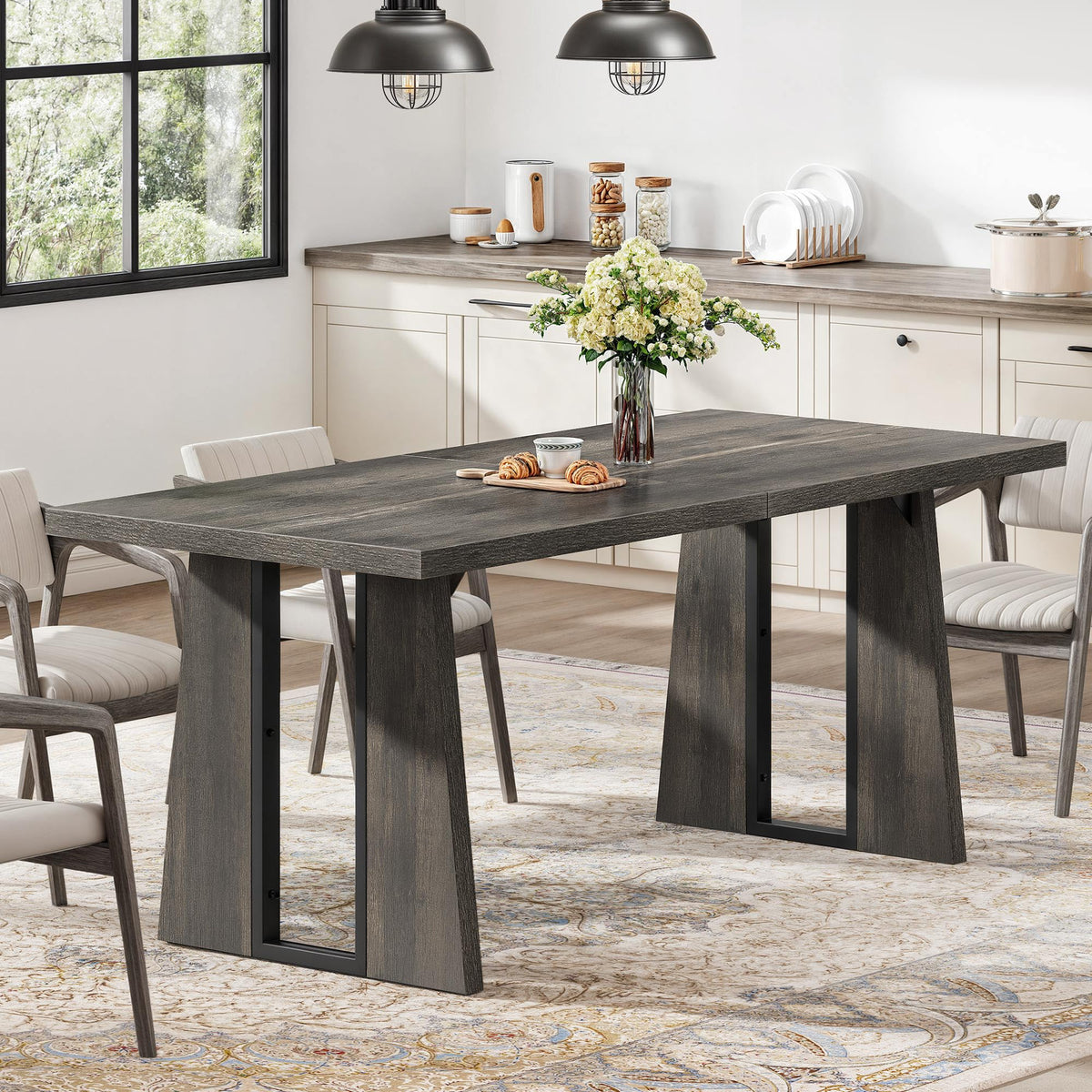 DWVO 70" Farmhouse Rectangular Dining Table for 6-8, Wooden, Dark Walnut