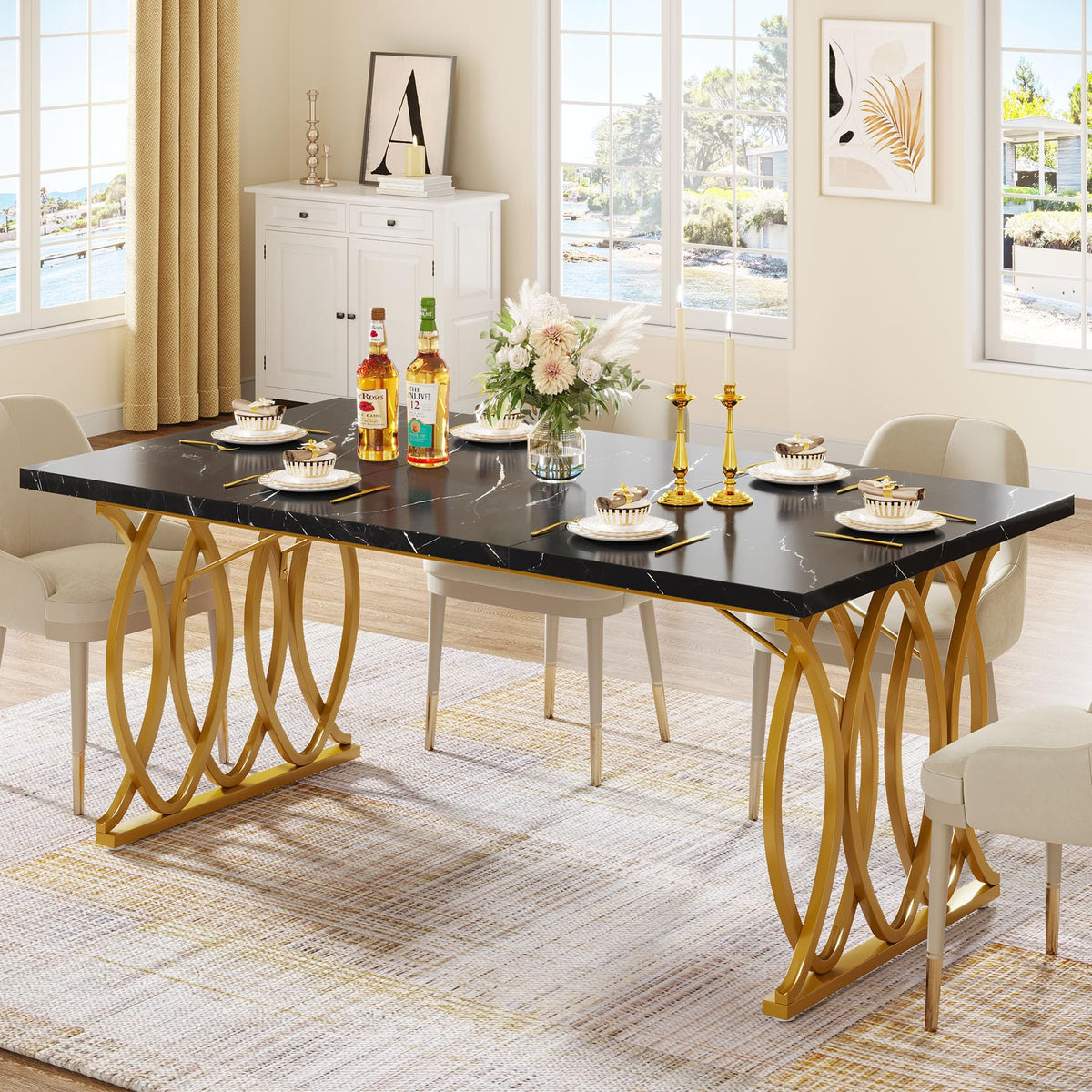 Tribesigns 63" Dining Table for 4 to 6, White and Gold Kitchen Table