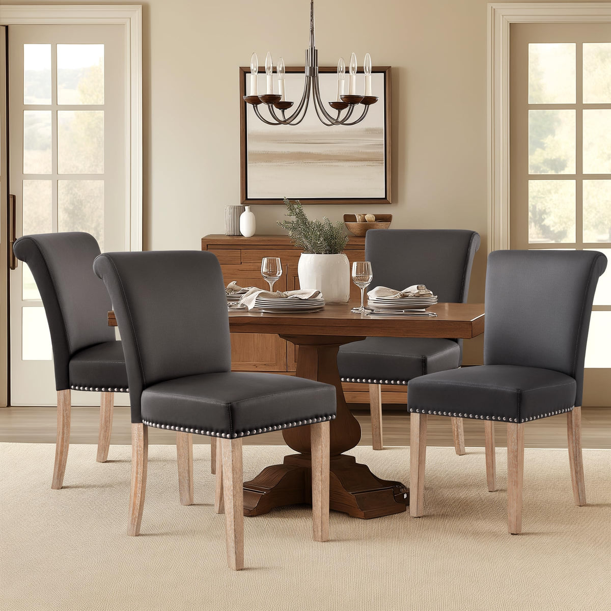 CHUN YI Dining Chairs Set of 4, Faux Leather Dining Room Chairs, Upholstered Modern Kitchen Parsons Chairs for Dining Room with Sturdy Wood Legs, Black (Only Chair)