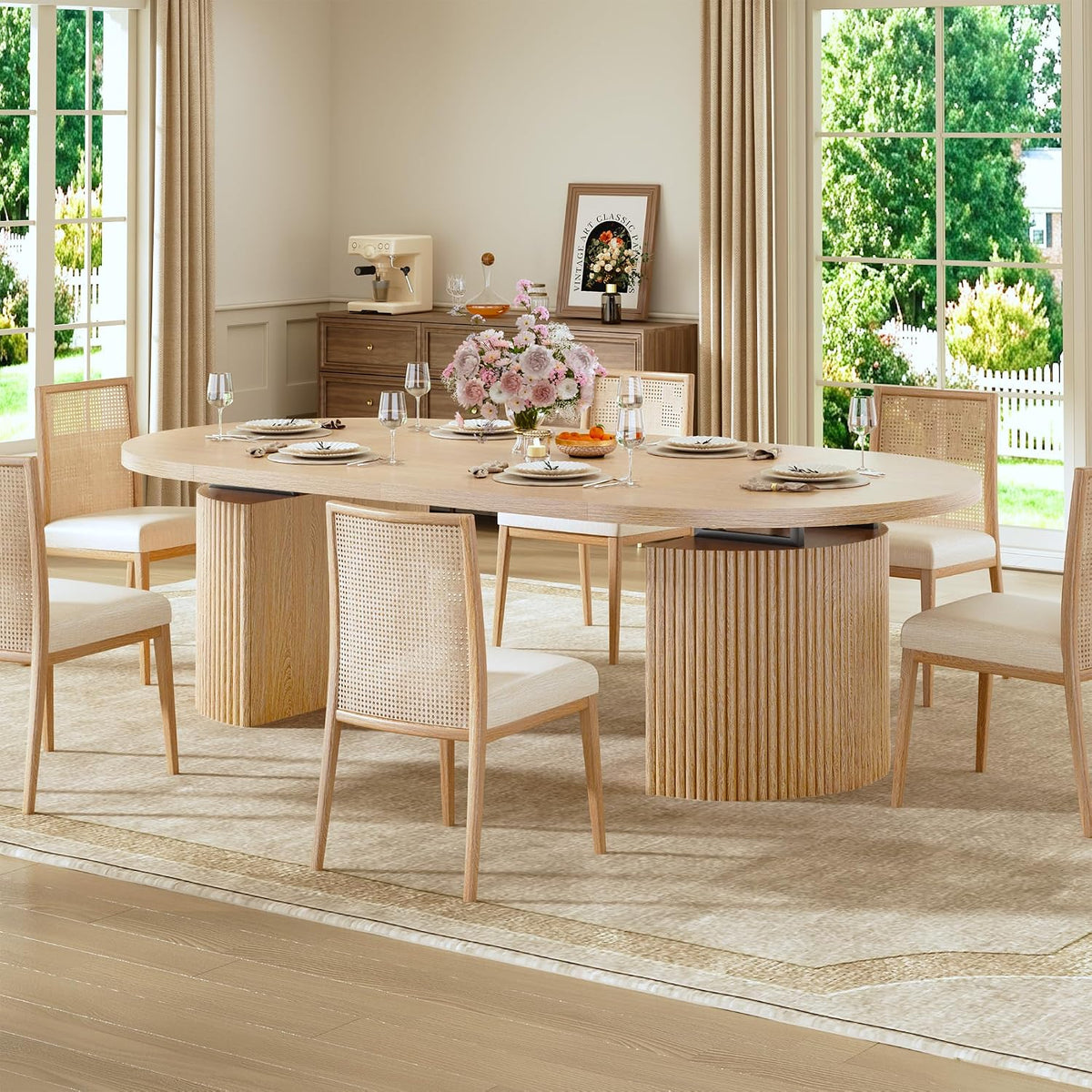 HUAHUU Extendable Round Dining Table for 4-8, 39in-77in Long Large Kitchen Table with Fluted Base, Space Saving Modern Farmhouse Oval Dinner Tables for Dining Room, Kitchen, Living Room, Natural