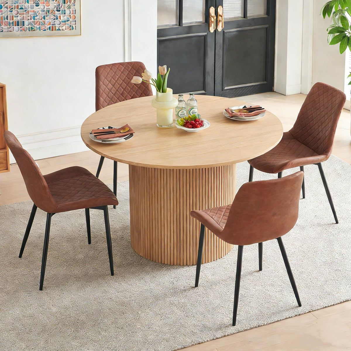 PU Leather Dining Chairs Set of 4, Modern Armless Dining Room Chairs, Comfy Upholstered Kitchen Chairs with Backrest, Black Metal Legs for Living Room, Dinning Room, Beige