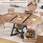 43‘’-57‘’ Extendable Round Dining Table for 4-6, Modern Industrial Kitchen Oval Dining Table with Removable Leaves, Space Saving Pedestal Base with Storage Shelf for Kitchen Living Room (Rustic)