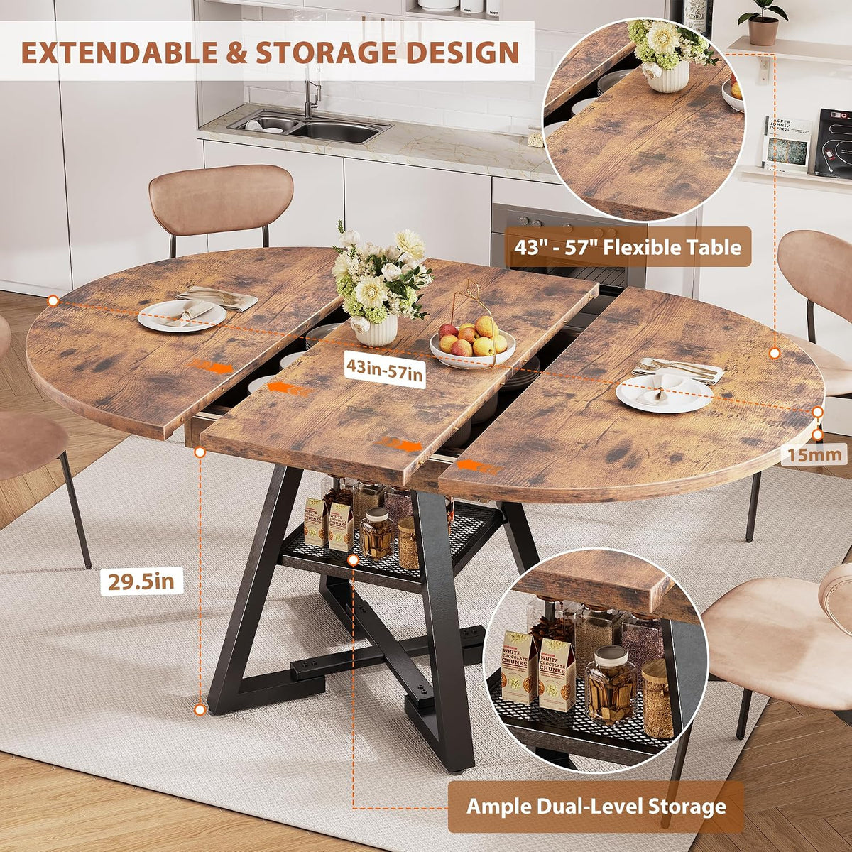 43‘’-57‘’ Extendable Round Dining Table for 4-6, Modern Industrial Kitchen Oval Dining Table with Removable Leaves, Space Saving Pedestal Base with Storage Shelf for Kitchen Living Room (Rustic)