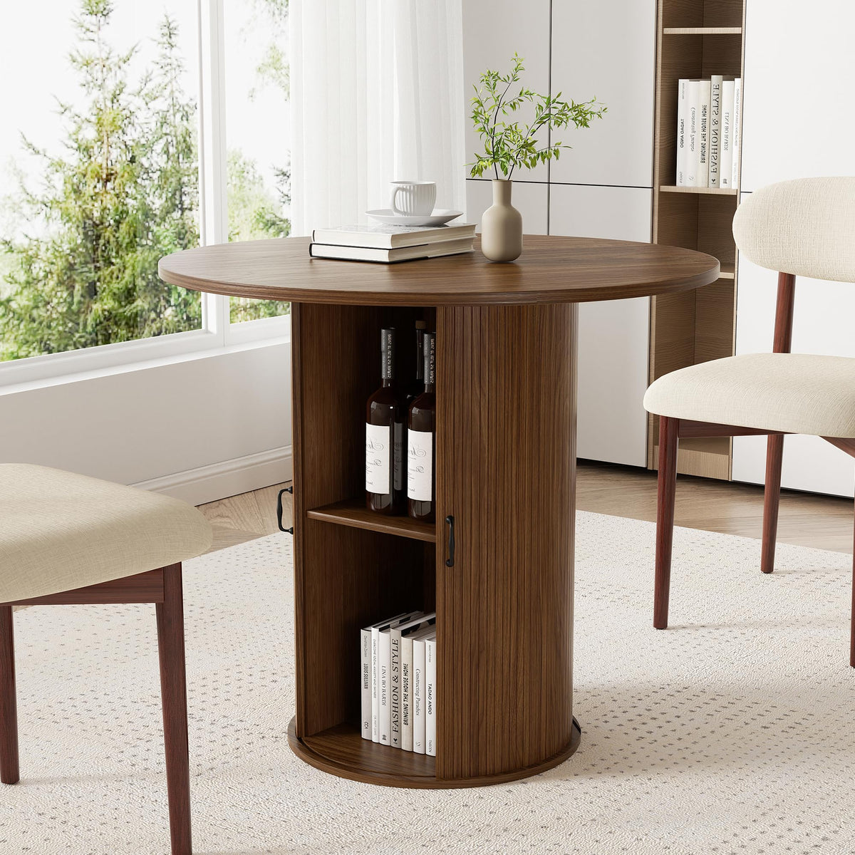 47 inch Round Dining Table for 4-6, Dinner Table with 2-Layer Storage Shelf, Morden Circle Kitchen Table with Wooden Strip Base and Wood Slide Door for Home Dining Room, Living Room, Walnut