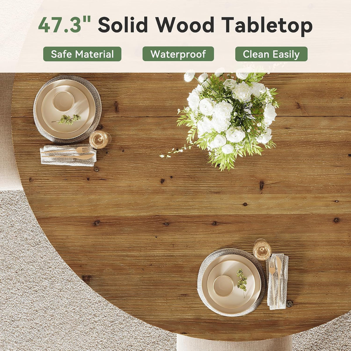 47.3" Solid Wood Dining Table for 4-6, Round Wood Kitchen Table