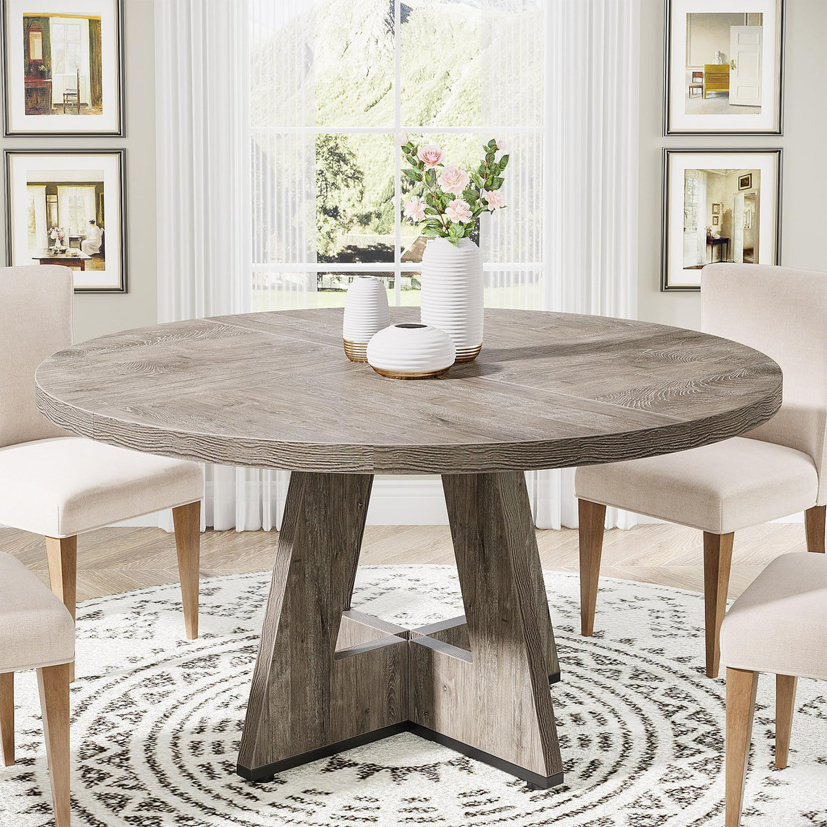 Tribesigns 47 inch Round Dining Table Wood Kitchen Table for Dining Room, 47" Dinner Room Tables for 4-6, Farmhouse Accent Furniture with Wooden Tabletop and Cross Base, Black