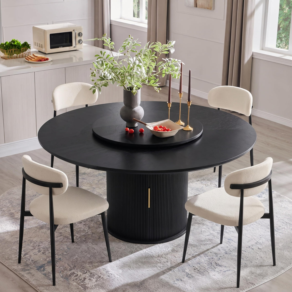 55" Fluted Round Dining Table for 4-6, Mid-Century Modern Kitchen Table with Rotating Tray, 2-Tier Storage Shelf, Wood Sliding Doors and Pedestal Base, Walnut