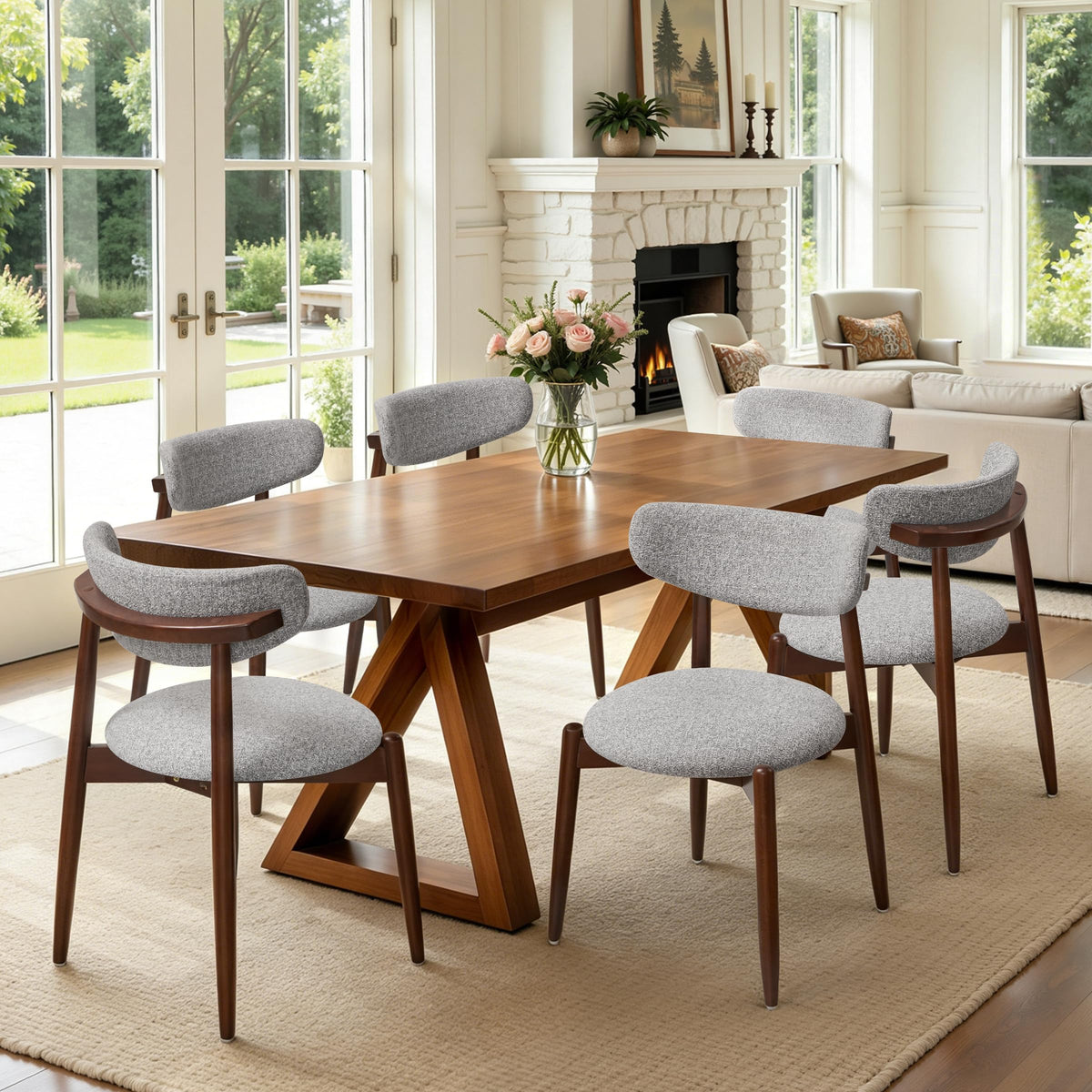 CHUN YI Dining Chairs Set of 4, Upholstered Wooden Dining Room Chairs, Mid Century Modern Fabric Kitchen Chair with Ergonomic Curved Backrest, Beige (Only Chairs)