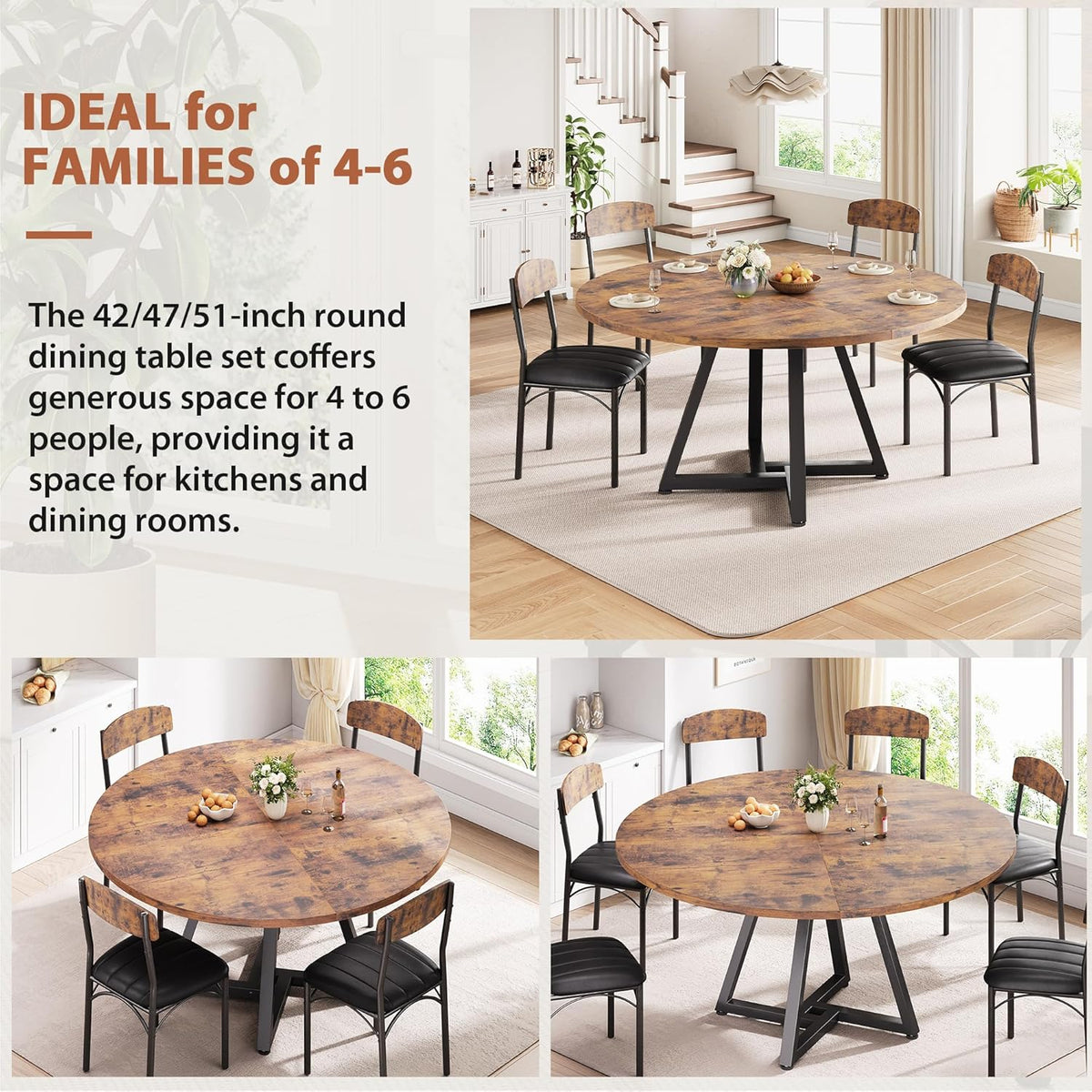 Jocoevol 51" Round Dining Table Kitchen Dining Room Circle Dinner Pedestal Table for 4 6 8, Space Saving Wood Kitchen & Dining Room Furniture (Rustic Brwon)
