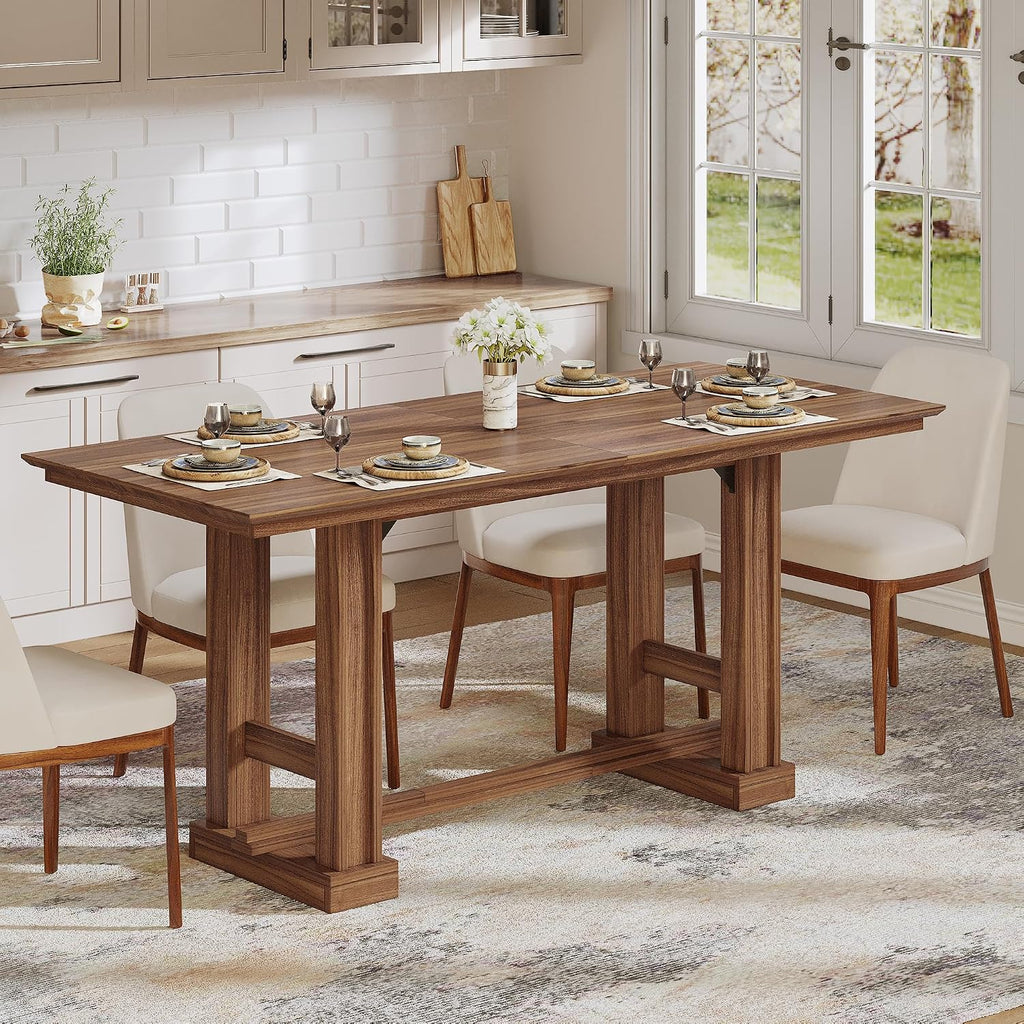 DWVO 70" Farmhouse Rectangular Dining Table for 6-8, Wooden, Dark Walnut