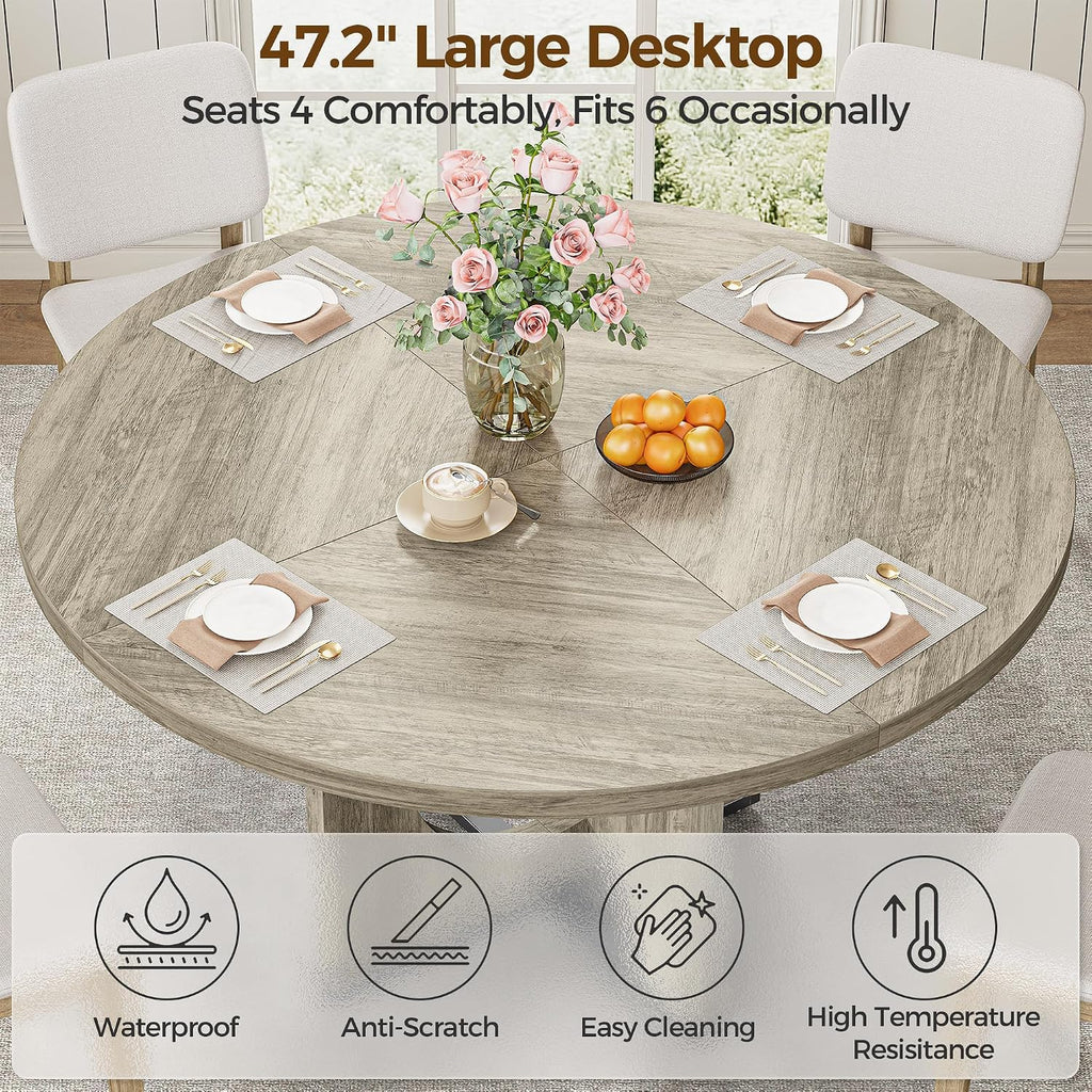 IRONCK 47" Round Dining Table for 4 with Pedestal Base, Gray