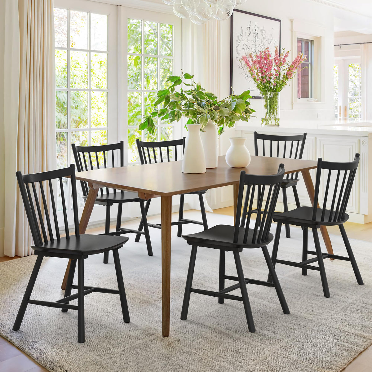 LUE BONA Upgraded Dining Chairs Set of 4, Farmhouse Wooden Spindle Back Kitchen Chairs, Windsor Dining Chairs for Kitchen and Dining Room, Black