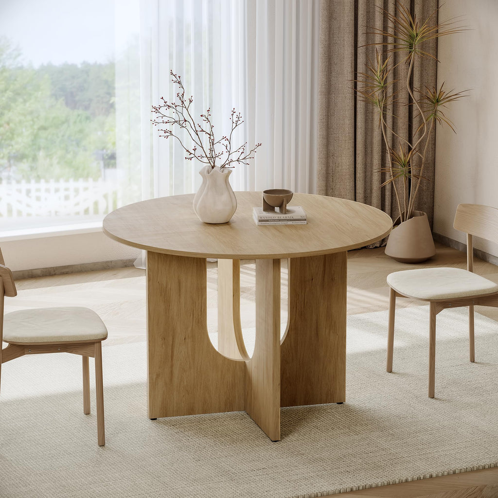 MECHYIN Round Dining Table for 4, 43" Mid Century Kitchen Table with Sculptural U-Shaped Pedestal Base, Walnut Dinner Table for Kitchen, Dining Room, Apartment