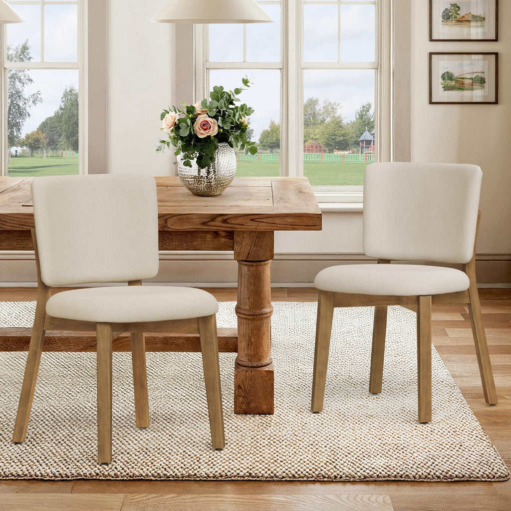 LUE BONA Linen Farmhouse Dining Chairs Set of 4, Natural Wood Leg