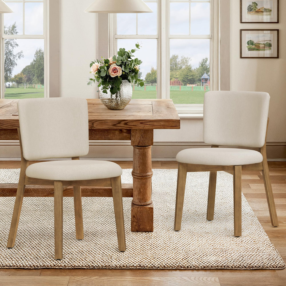 LUE BONA Linen Farmhouse Dining Chairs Set of 4, Natural Wood Leg