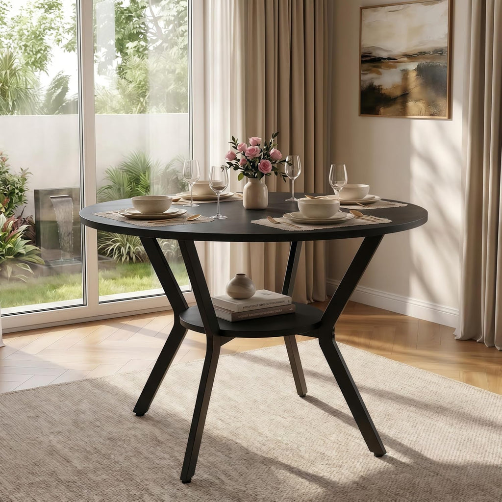 42" Round Dining Table for 4,Kitchen & Dining Tables with Storage,black