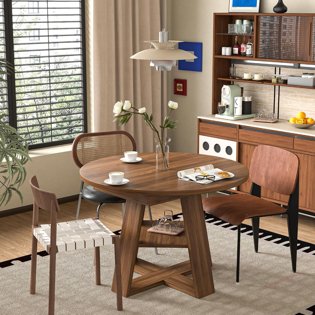 43.3"-59" Extendable Round Oval Dining Table for 4-8 with Storage Shelf