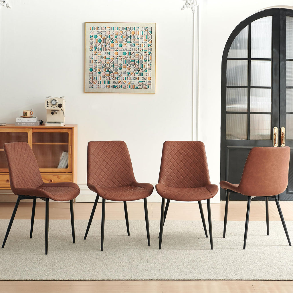 PU Leather Dining Chairs Set of 4, Modern Armless Dining Room Chairs, Comfy Upholstered Kitchen Chairs with Backrest, Black Metal Legs for Living Room, Dinning Room, Beige