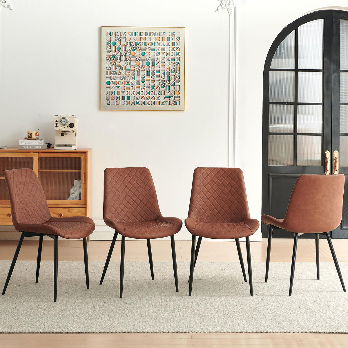 PU Leather Dining Chairs Set of 4, Modern Armless Dining Room Chairs, Comfy Upholstered Kitchen Chairs with Backrest, Black Metal Legs for Living Room, Dinning Room, Beige