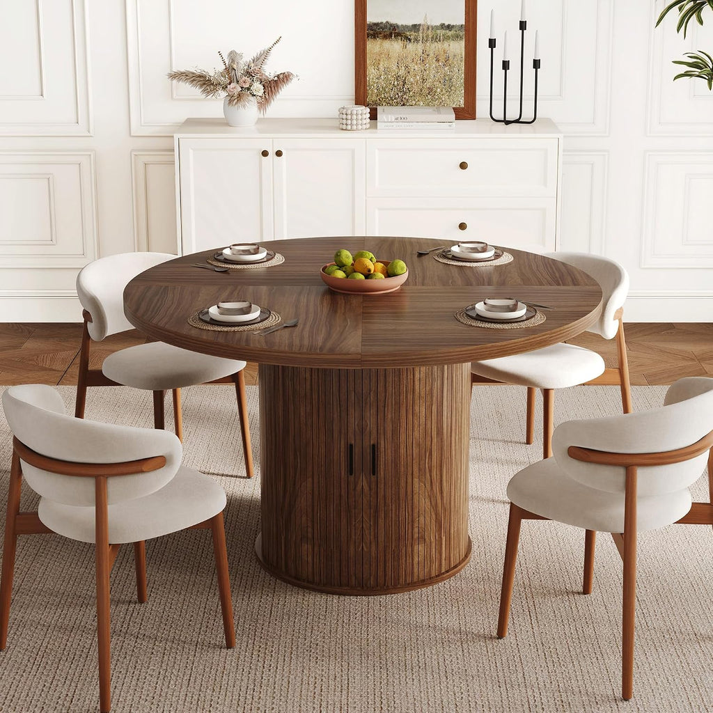 47 inch Round Dining Table for 4-6, Dinner Table with 2-Layer Storage Shelf, Morden Circle Kitchen Table with Wooden Strip Base and Wood Slide Door for Home Dining Room, Living Room, Walnut