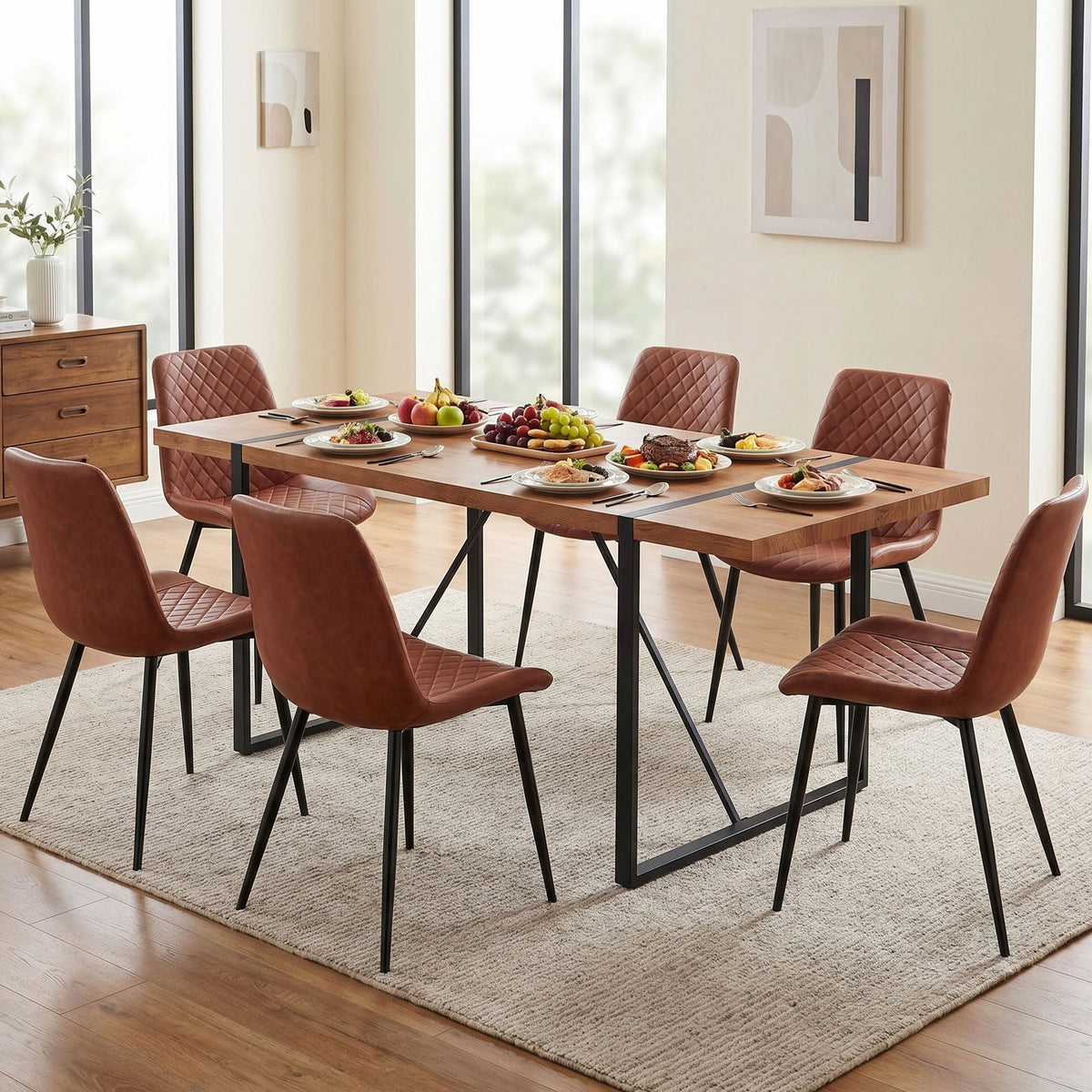 PU Leather Dining Chairs Set of 4, Modern Armless Dining Room Chairs, Comfy Upholstered Kitchen Chairs with Backrest, Black Metal Legs for Living Room, Dinning Room, Beige