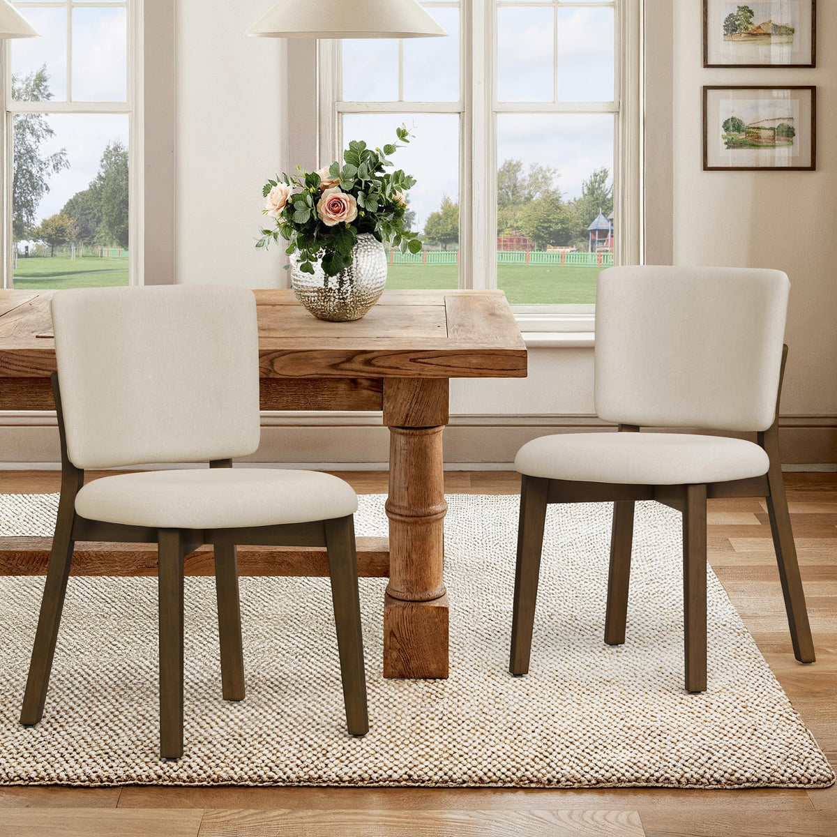 LUE BONA Linen Farmhouse Dining Chairs Set of 4, Natural Wood Leg