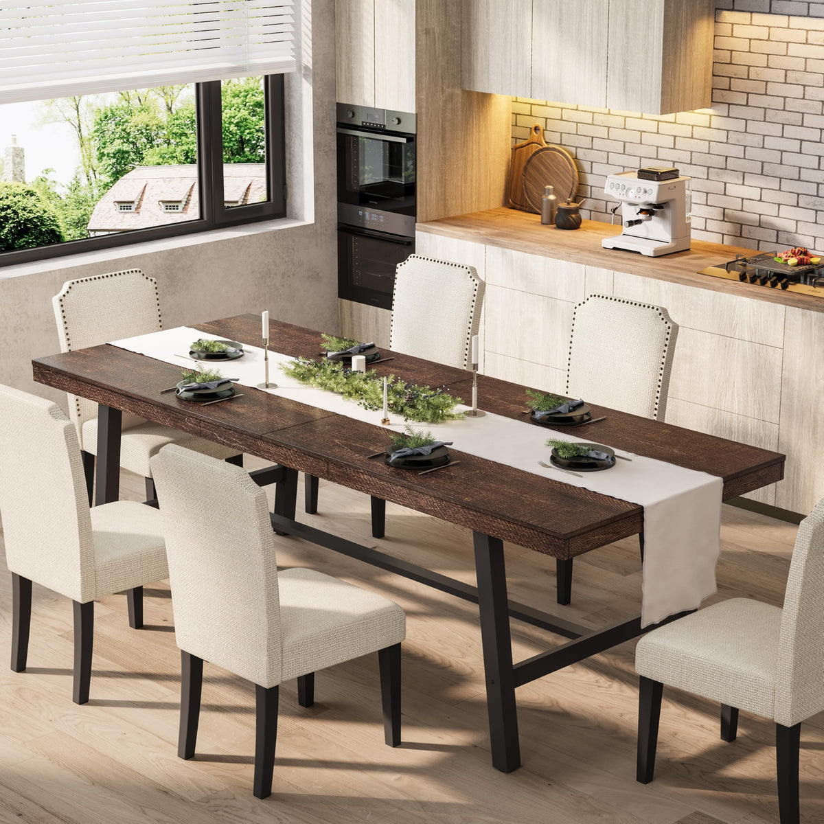 Garvee 71" Farmhouse Dining Table, Rustic Kitchen Table, Brown