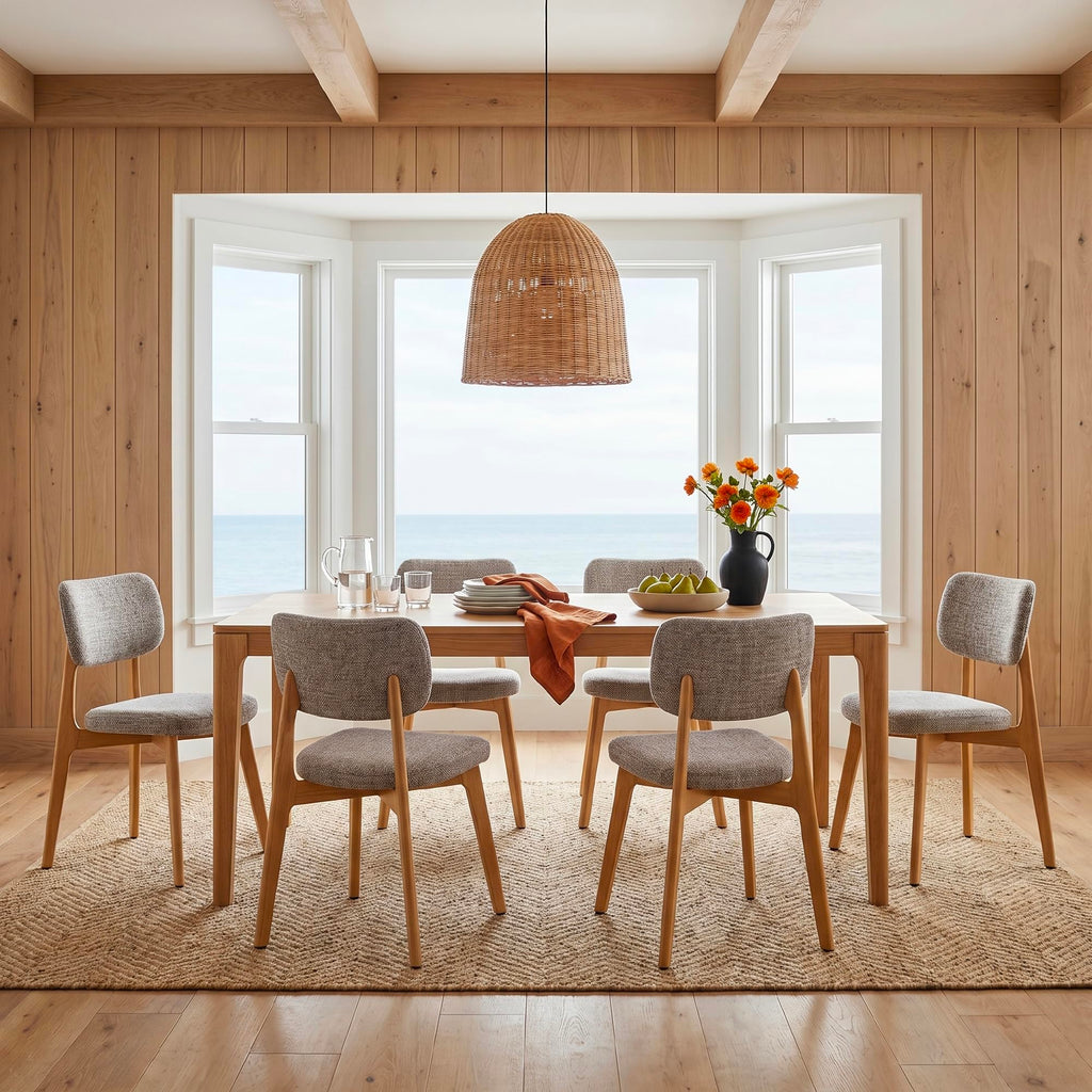 COLAMY Dining Chairs Set of 2, Mid Century Modern Upholstered Kitchen Chairs with Solid Red Oak Wood Legs, Textured Fabric Dining Room Accent Chairs for Small Spaces, 300 lbs Capacity,Walnut,Oatmeal