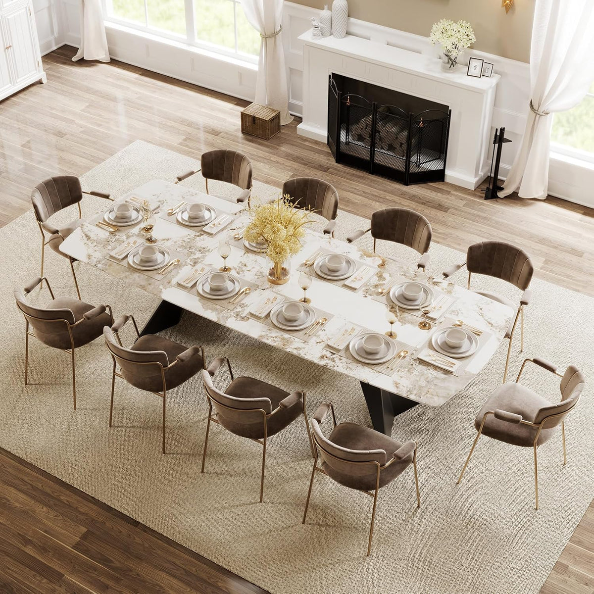 Extendable Dining Table with Leaf, 78"-110" Rectangular Sintered Stone, Marble-Look Top, Seats 6-14, Metal Base, Easy-Clean, Heat & Scratch Resistant, Dining Room/Kitchen Table for Family Gatherings