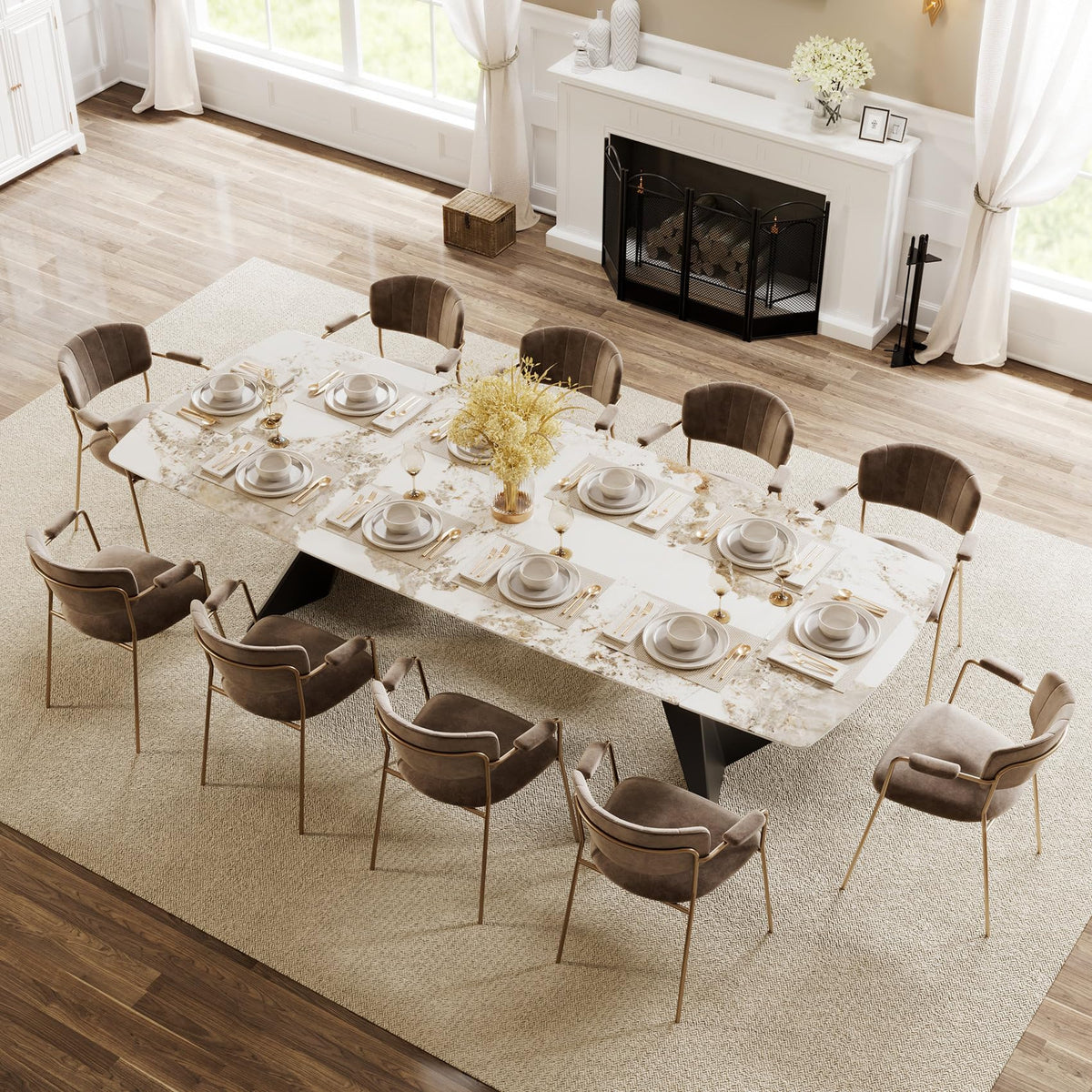 Extendable Dining Table with Leaf, 78"-110" Rectangular Sintered Stone, Marble-Look Top, Seats 6-14, Metal Base, Easy-Clean, Heat & Scratch Resistant, Dining Room/Kitchen Table for Family Gatherings