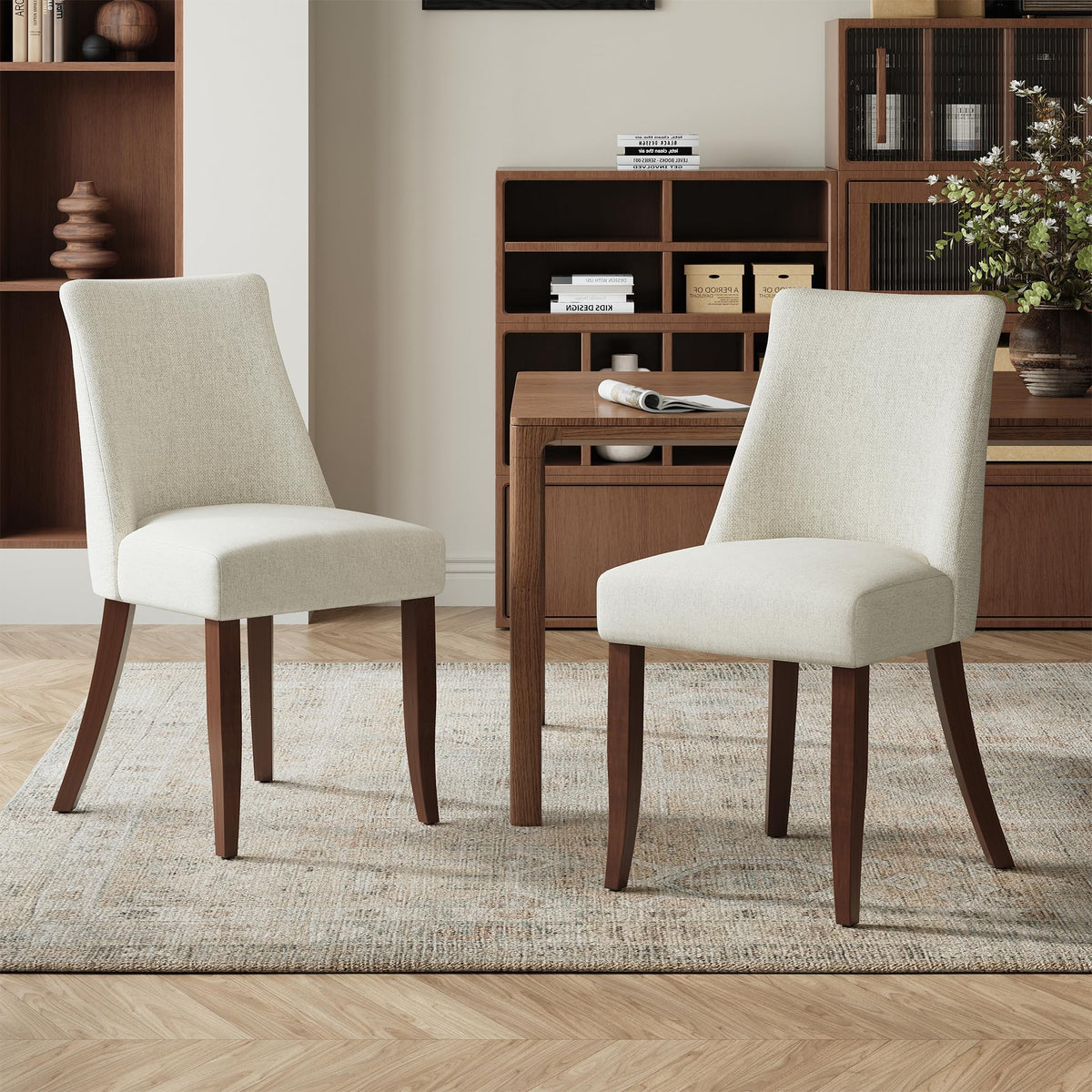 COLAMY Upholstered Dining Chairs Set of 6, Mid Century Modern Kitchen Chairs with Back, Farmhouse Fabric Side Dining Room Chairs with Wood Legs for Dining Room Restaurant, Brown