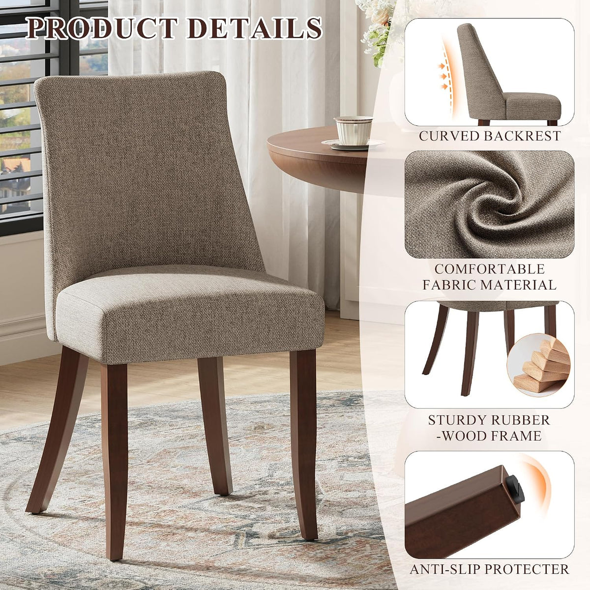 COLAMY Upholstered Dining Chairs Set of 6, Mid Century Modern Kitchen Chairs with Back, Farmhouse Fabric Side Dining Room Chairs with Wood Legs for Dining Room Restaurant, Brown
