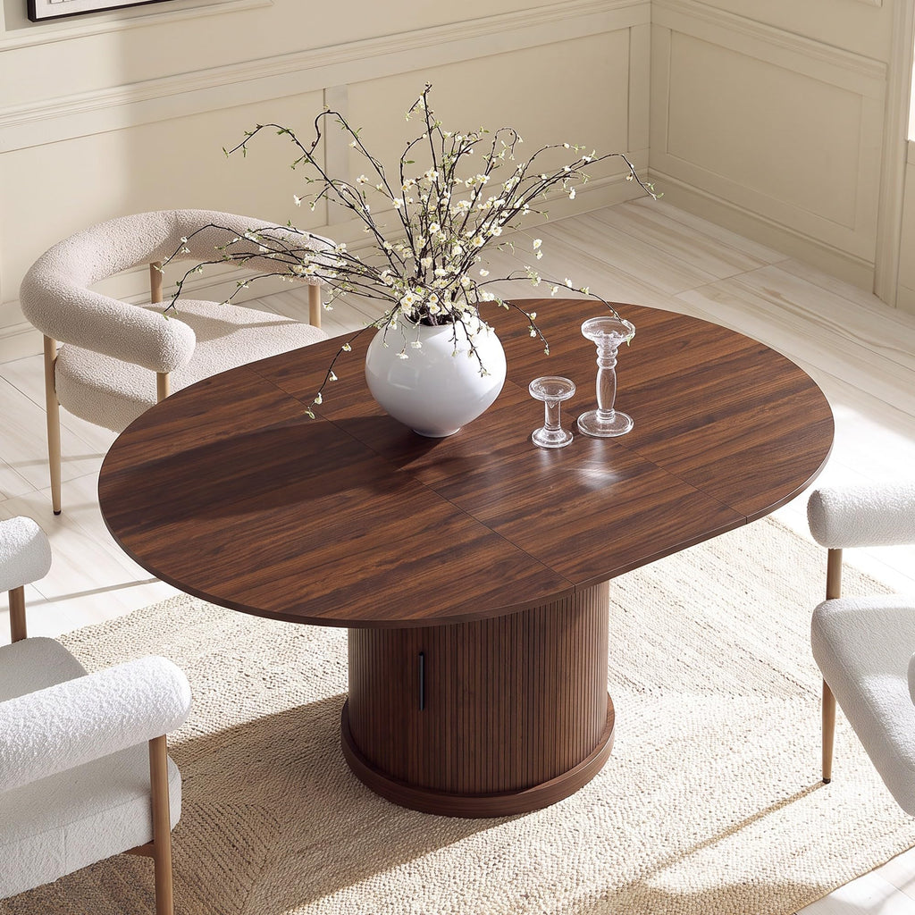 55" Fluted Round Dining Table for 4-6, Mid-Century Modern Kitchen Table with Rotating Tray, 2-Tier Storage Shelf, Wood Sliding Doors and Pedestal Base, Walnut