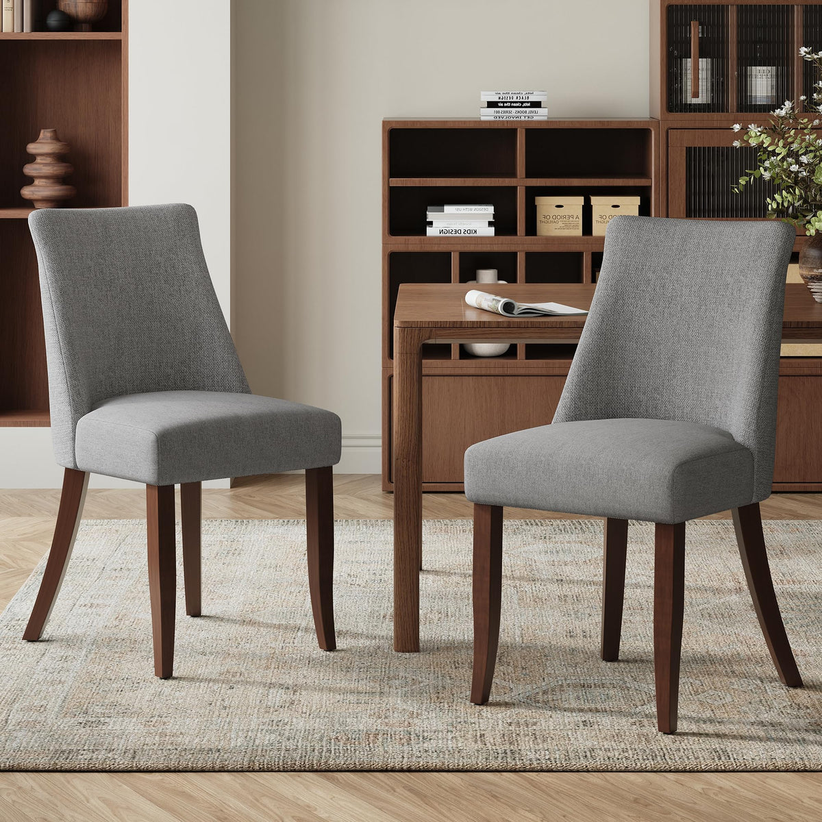 COLAMY Upholstered Dining Chairs Set of 6, Mid Century Modern Kitchen Chairs with Back, Farmhouse Fabric Side Dining Room Chairs with Wood Legs for Dining Room Restaurant, Brown