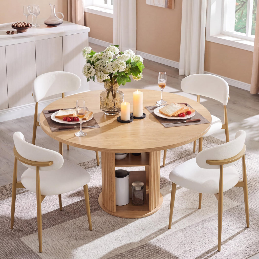 55" Fluted Round Dining Table for 4-6, Mid-Century Modern Kitchen Table with Rotating Tray, 2-Tier Storage Shelf, Wood Sliding Doors and Pedestal Base, Walnut