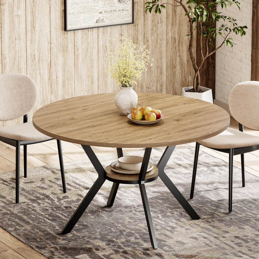 42" Round Dining Table for 4, Farmhouse Kitchen Table with Storage, Space Saving Circle Dinner Table, Rustic Wood Kitchen & Dining Room Tables with Metal Legs for Home, Apartment, Office, Restaurant