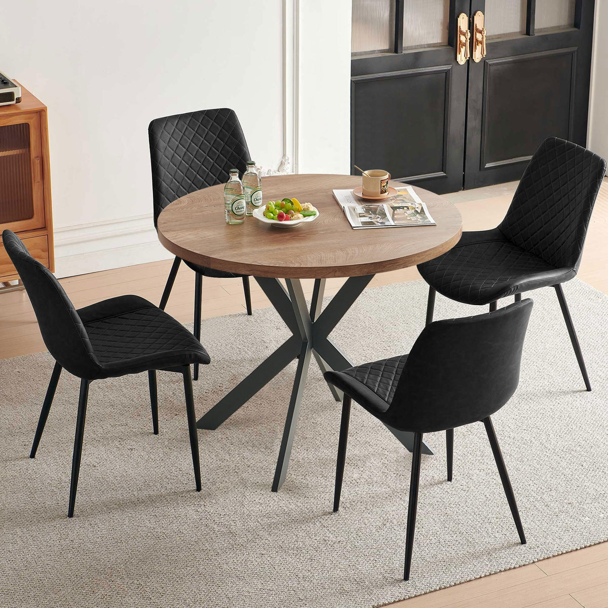 PU Leather Dining Chairs Set of 4, Modern Armless Dining Room Chairs, Comfy Upholstered Kitchen Chairs with Backrest, Black Metal Legs for Living Room, Dinning Room, Beige