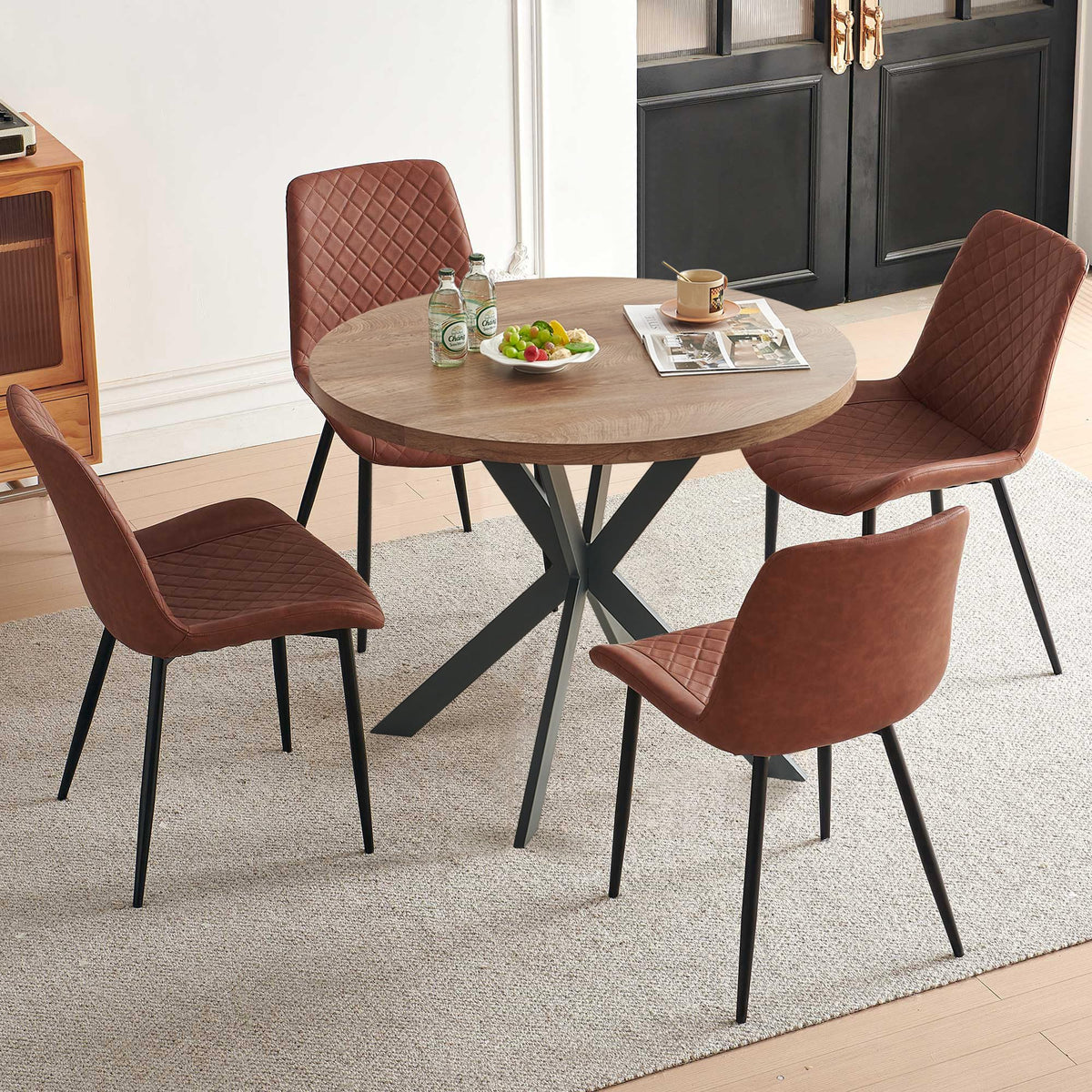 PU Leather Dining Chairs Set of 4, Modern Armless Dining Room Chairs, Comfy Upholstered Kitchen Chairs with Backrest, Black Metal Legs for Living Room, Dinning Room, Beige