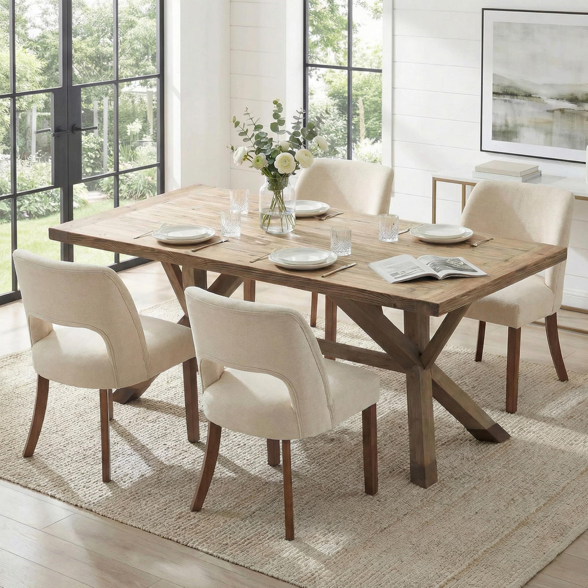 keoni Wooden Dining Chairs Set of 4 with Black Rubberwood Legs and Backrest