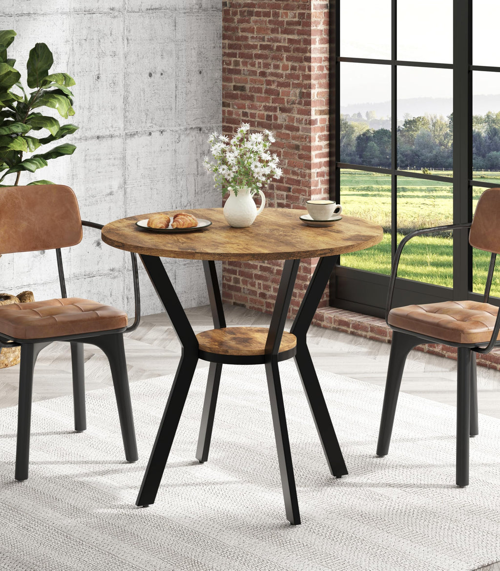 42" Round Dining Table for 4, Farmhouse Kitchen Table with Storage, Space Saving Circle Dinner Table, Rustic Wood Kitchen & Dining Room Tables with Metal Legs for Home, Apartment, Office, Restaurant