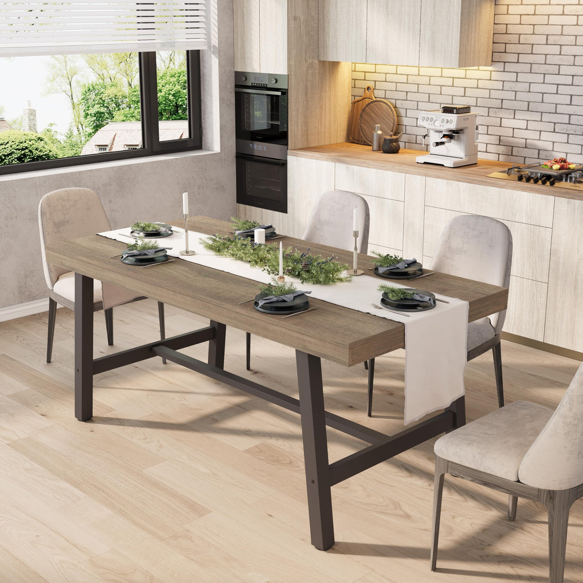 GarveeHome 63-83" Extendable Dining Table, Industrial Rectangular Dining Room Table for 6-8 People, Expandable Kitchen Table with Heavy Duty Metal Frame for Dining Room, Kitchen & Parties, Rustic Pear