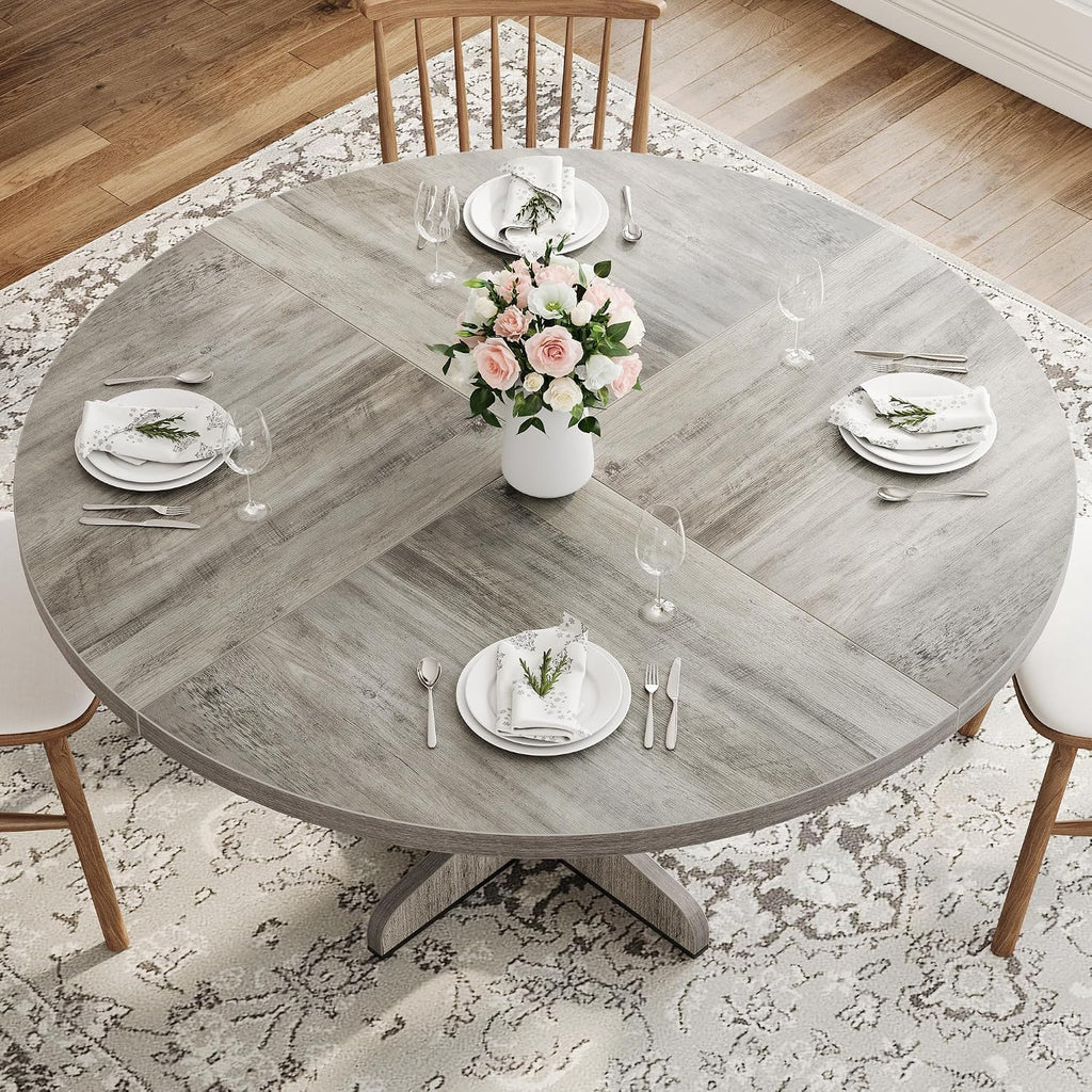 47" Round Dining Table for 4, Farmhouse Kitchen Dining Room Table, Grey