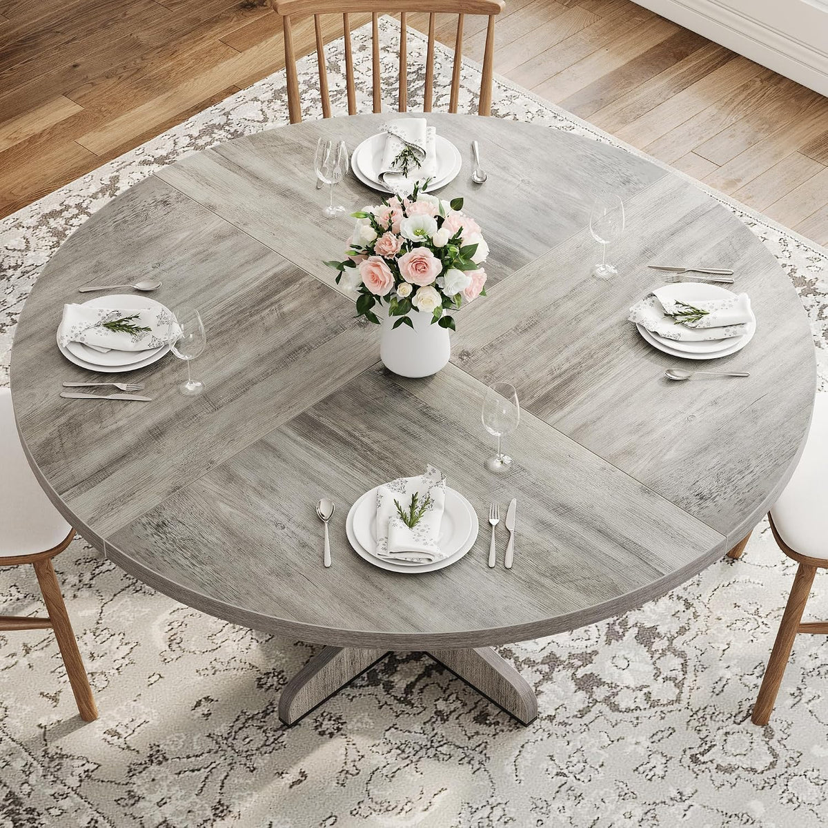 47" Round Dining Table for 4, Farmhouse Kitchen Dining Room Table, Grey