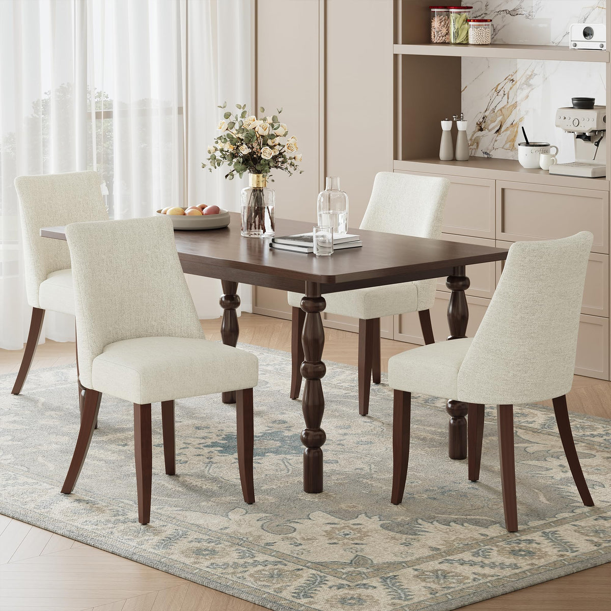 COLAMY Upholstered Dining Chairs Set of 6, Mid Century Modern Kitchen Chairs with Back, Farmhouse Fabric Side Dining Room Chairs with Wood Legs for Dining Room Restaurant, Brown