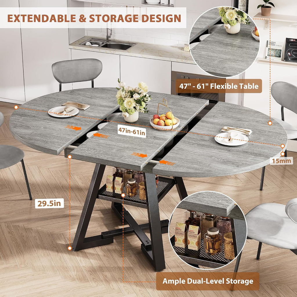 Jocoevol Extendable Round Dining Table for 4-8, Round to Oval Dining Table with Open Storage Shelf, Space Saving Expandable Kitchen Table, Modern Design for Apartments & Dining Rooms,Grey