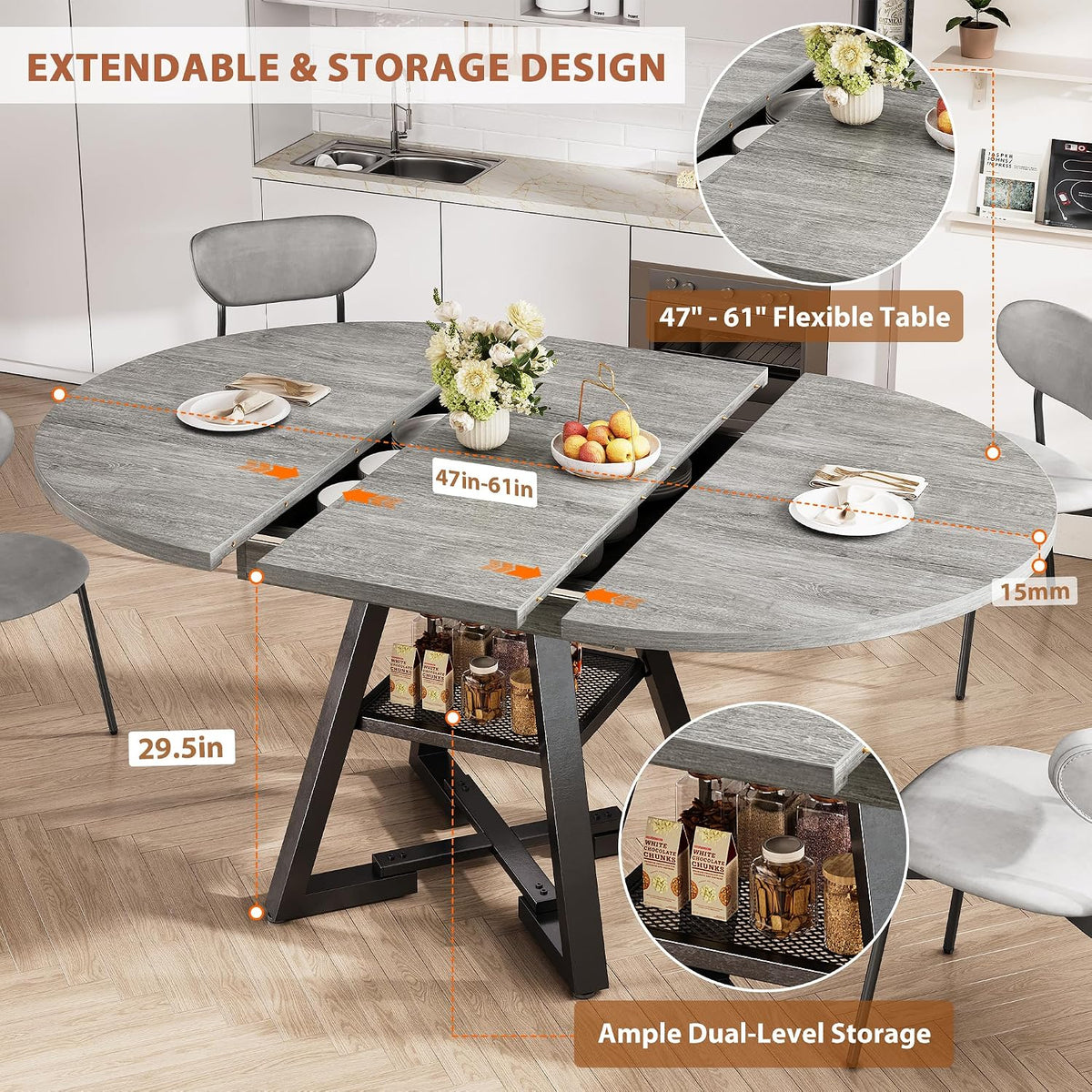 Jocoevol Extendable Round Dining Table for 4-8, Round to Oval Dining Table with Open Storage Shelf, Space Saving Expandable Kitchen Table, Modern Design for Apartments & Dining Rooms,Grey