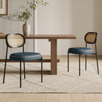 Rattan Dining Chairs Set of 2, Green Leather Upholstered Dining Chairs with Rattan Cane Back, Mid Century Modern Dining Room Chairs with Black Metal Legs & D-Shaped Thicken Cushion, Green
