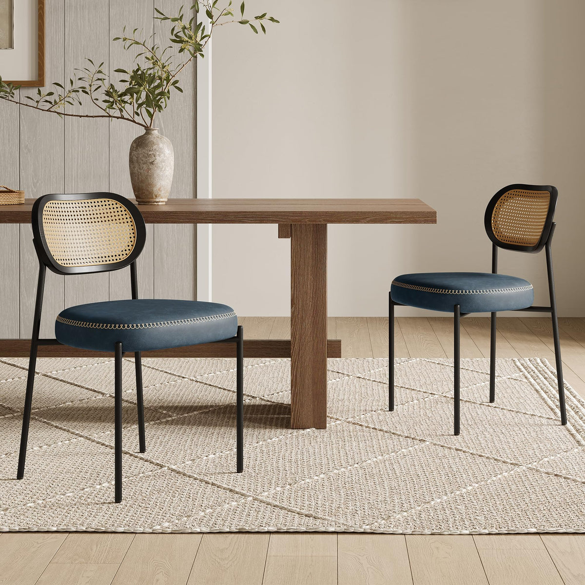 Rattan Dining Chairs Set of 2, Green Leather Upholstered Dining Chairs with Rattan Cane Back, Mid Century Modern Dining Room Chairs with Black Metal Legs & D-Shaped Thicken Cushion, Green